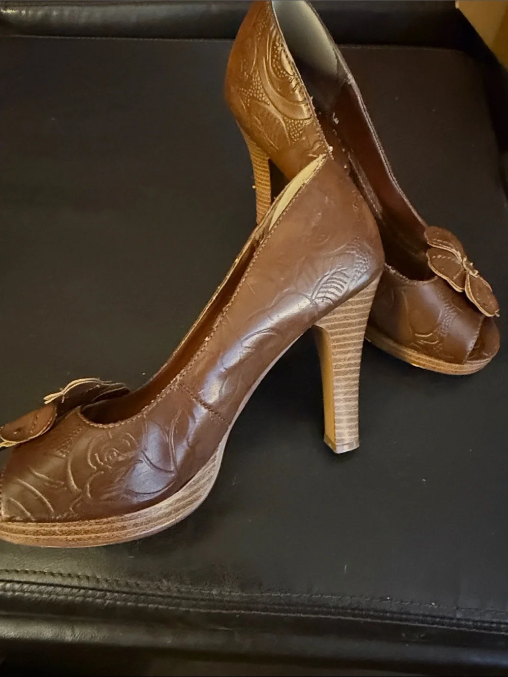Anne Michelle Brown Floral Embossed Peep-Toe Heels